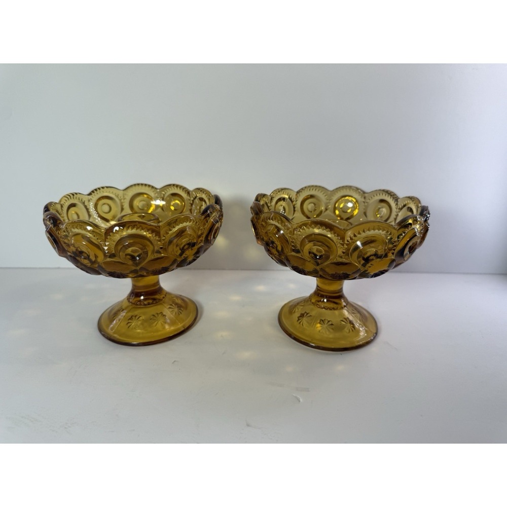 Vintage LE Smith Amber Moon and Star Glass Candle Holder Footed Compote Bowl Lot